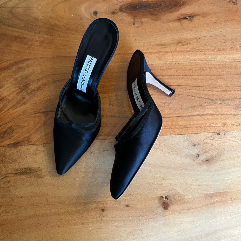 Manolo Blahnik Satin Black Heel Mules size 5.5